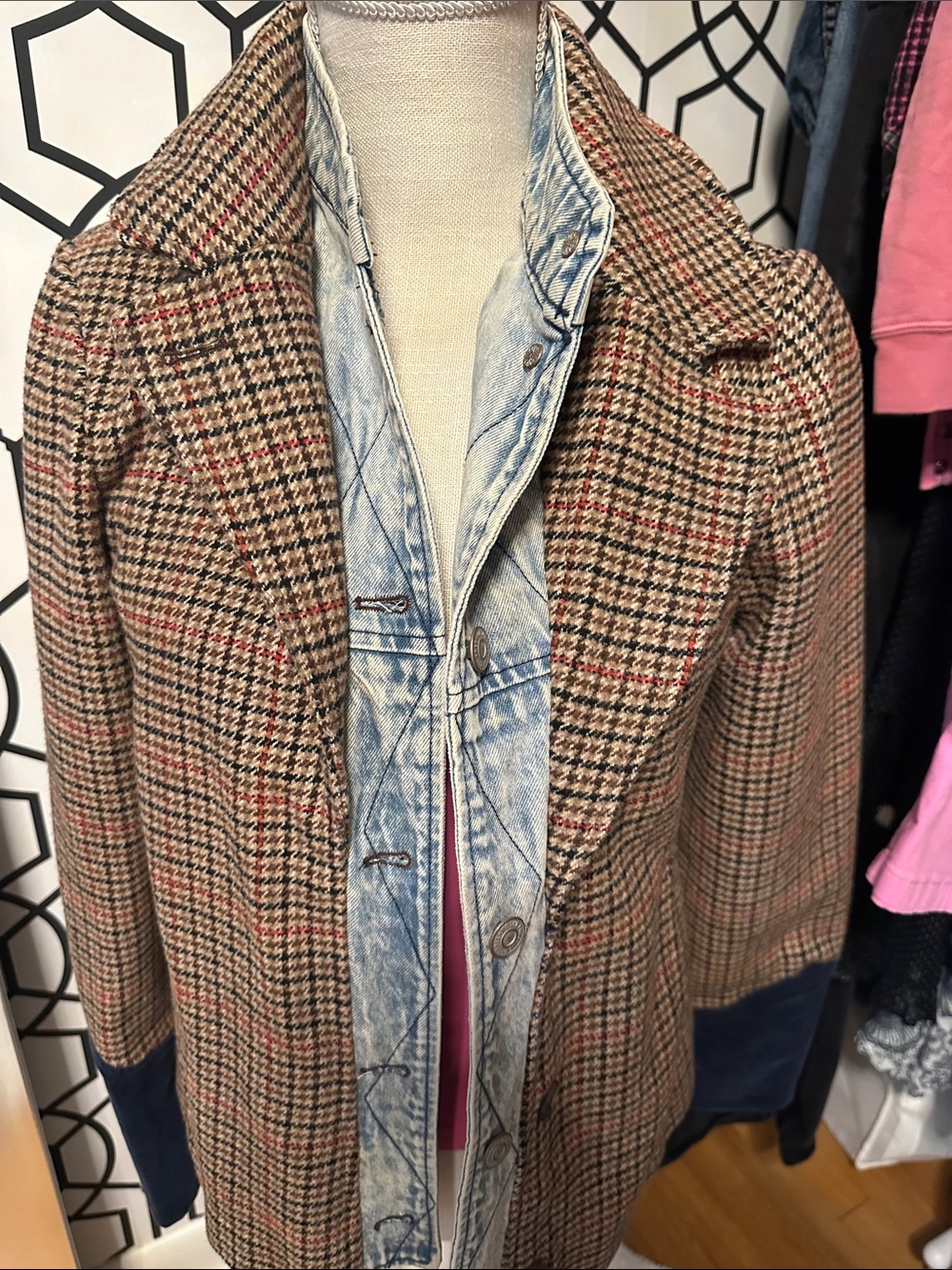 We the free layered Houndstooth Plaid Women’s Coat with Navy Cuff